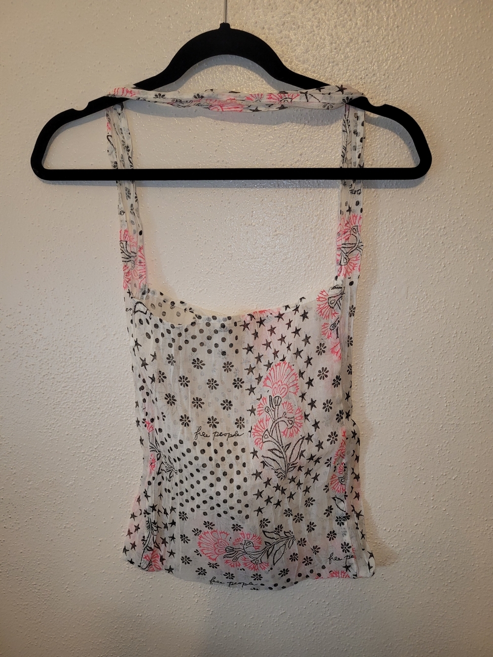 Free People Printed Gauze Market Tote Bag Ivory Pink Black Lightweight Reusable